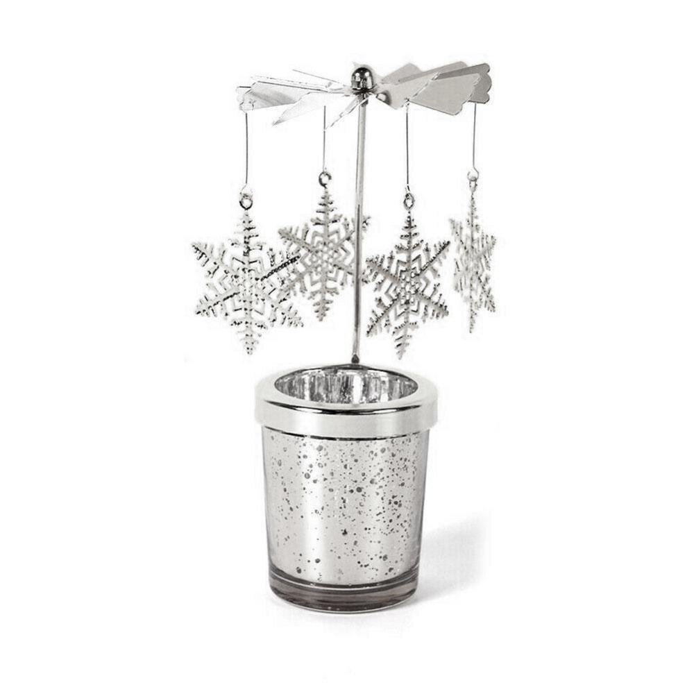 Vela giratoria de cuento de hadas, soporte de luz de té de Metal, carrusel, rotación romántica, candelero para decoración del hogar, de arte: Silver snowflake