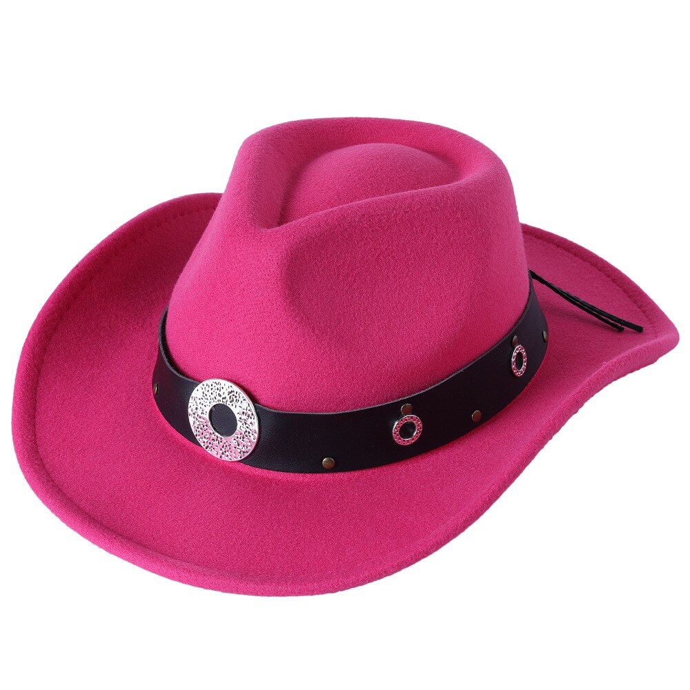 Sombrero de ala ancha con cinturón para hombre y mujer, gorro cálido de Jazz, Color sólido, para invierno y otoño: rose Red