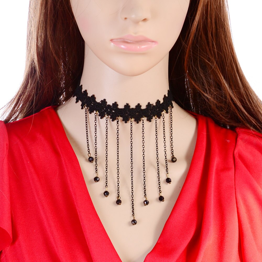 Classic Black Chain Vintage Gold Metal Bead Flower Pendant Gothic Lace Choker Necklace for Women Retro Statement Collar Jewelry: N3347