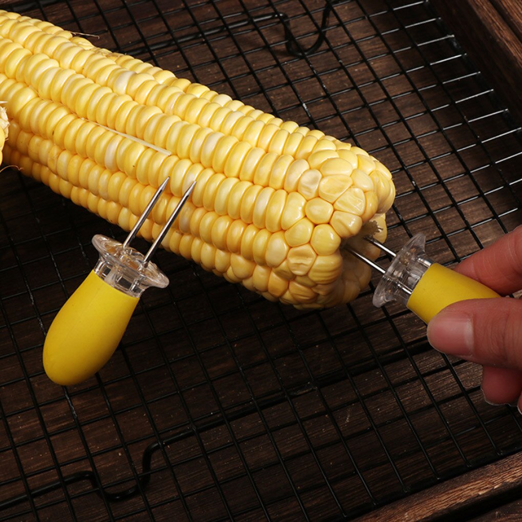 2 Stuks Vork Maïs Bbq Spies Rvs Corn Houders Maïskolven Spiesjes Fruit Vorken Barbecue Tool