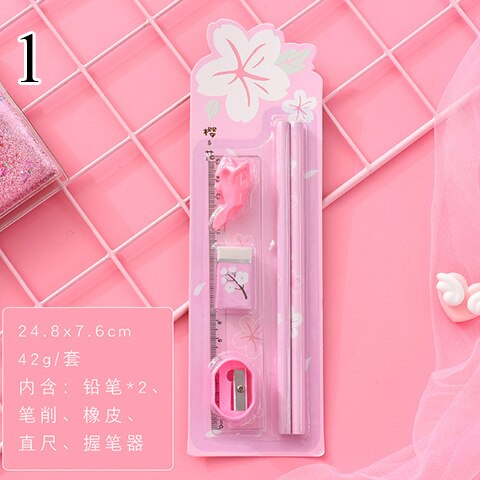Conjunto de lápices lindos Kawaii con goma de borrar soporte de pluma con sacapuntas para la escuela de los niños 6 piezas de papelería Set de: 1
