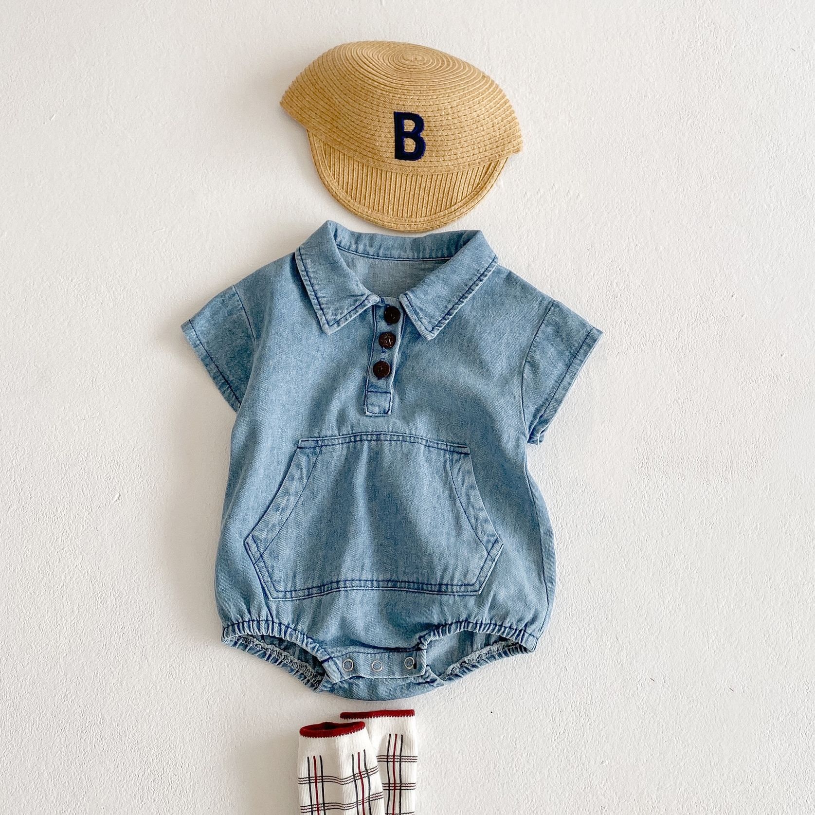 2021 verão novo recém nascido infantil menino menina moda grande bolso decoração bodysuit da criança do bebê denim manga curta bodysuits