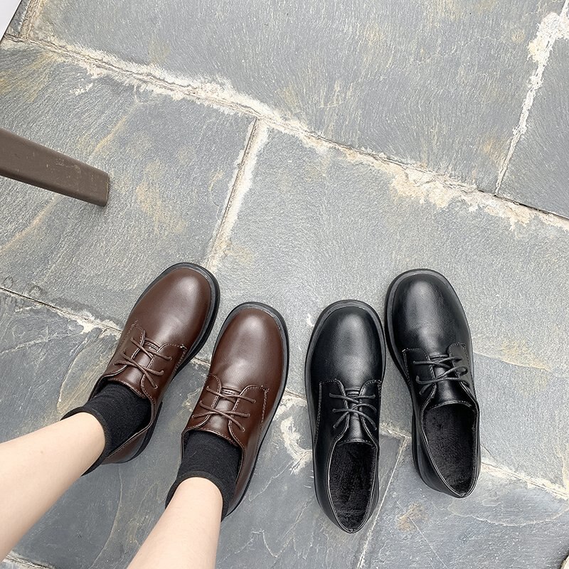 Zapatos Oxford para mujer, calzado de cuero negro liso con cordones, suela gruesa, informales, planos, talla grande, novedad, Otoño e Invierno