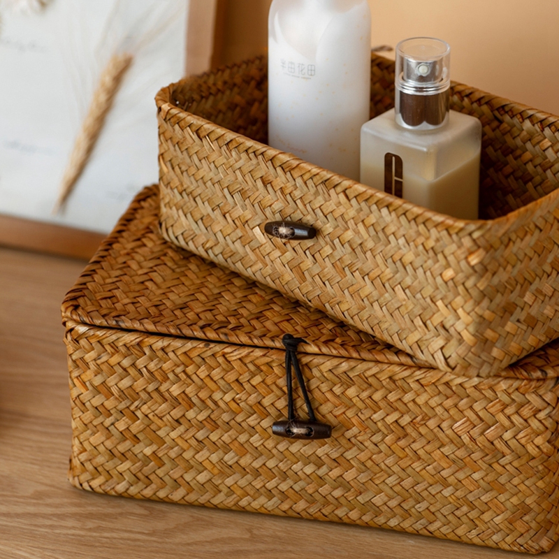 Cesta de almacenamiento tejida con tapa, cestas de almacenamiento de algas marinas para el hogar, cajas de juguetes para artículos diversos a prueba de polvo, organizador, decoración del hogar