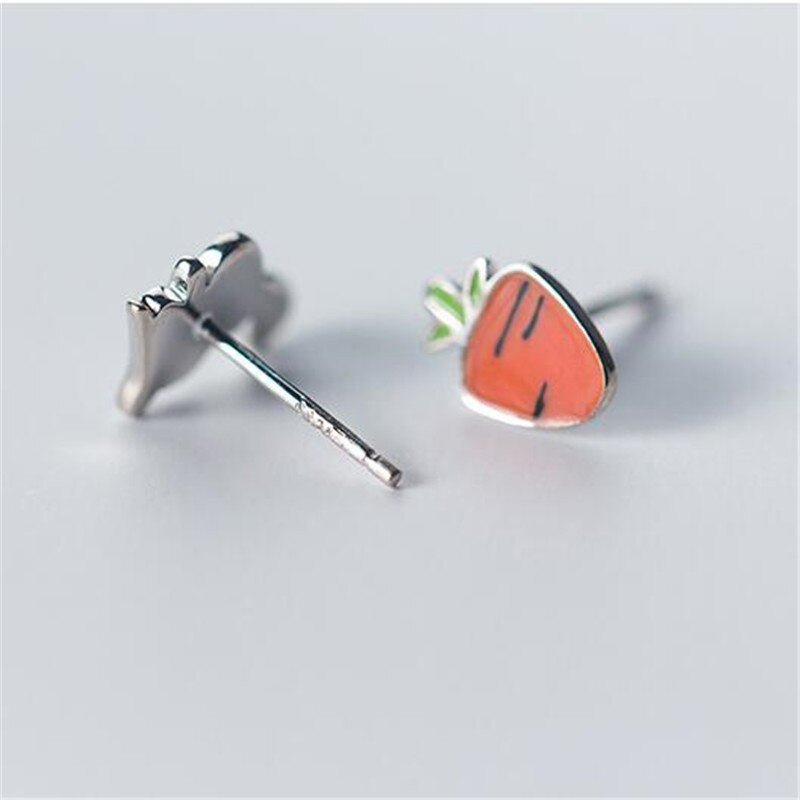 Pendientes de plata de ley 925 con de conejo y zanahoria, joyería asimétrica, con cierre de tuerca, con de Animal , E540