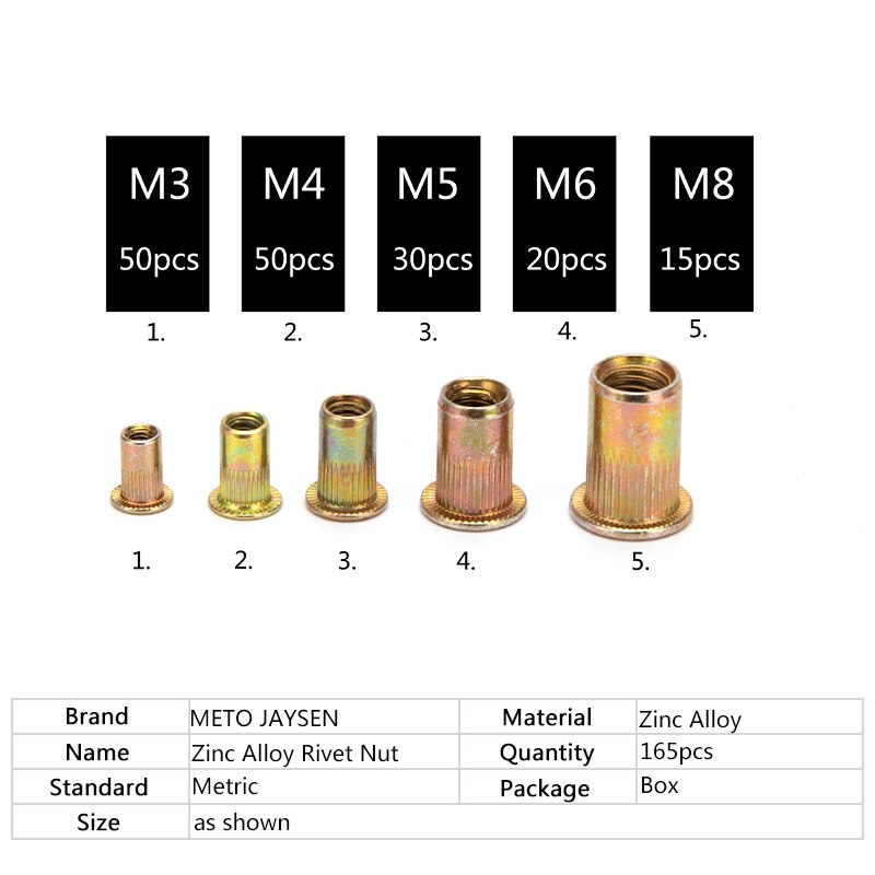 165 stücke Zink Niet Muttern M3 M4 M5 M6 M8 Flache Kopf Gerändelt Zink-legierung Niet Muttern einstellen Verzinkt niet-Muttern Sortiment Bausatz