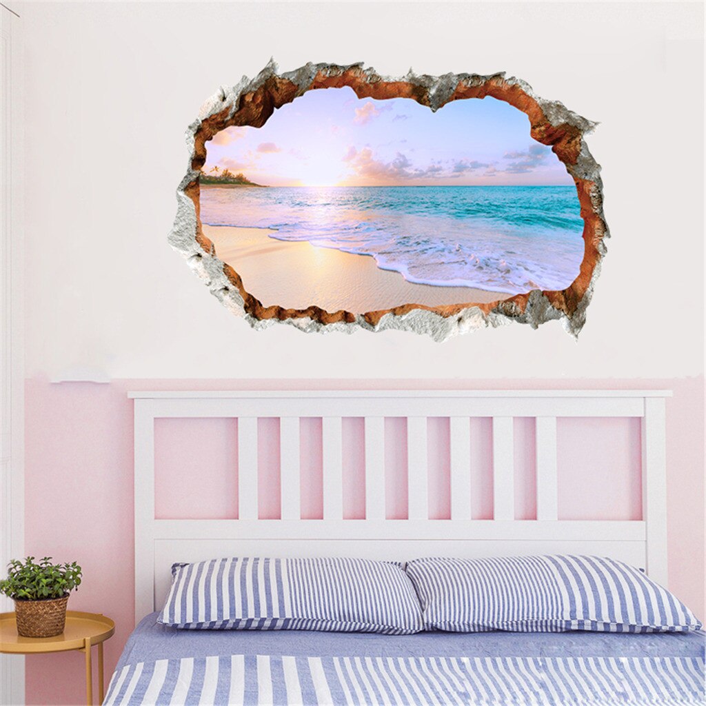 Zomer Strand Romantische 3D Window View Sticker Strand Muurschilderingen Verwijderbare Muursticker Voor Woonkamer Keuken Muur Poster