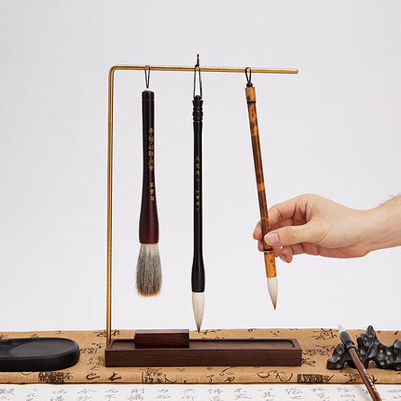 Messing Pen Houder Kalligrafieborstel Pen Hanger 6 Pins Haken Massief Houten Borstel Pen Opknoping Art Kalligrafie Supplies