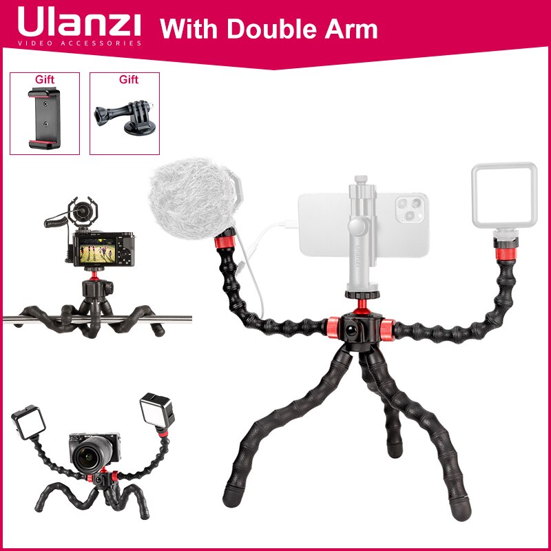 Ulanzi-trípode de pulpo Flexible, monopié de MT-52 con soporte de doble brazo, 1/4 tornillo de extensión, Zapata fría, para cámara de teléfono inteligente