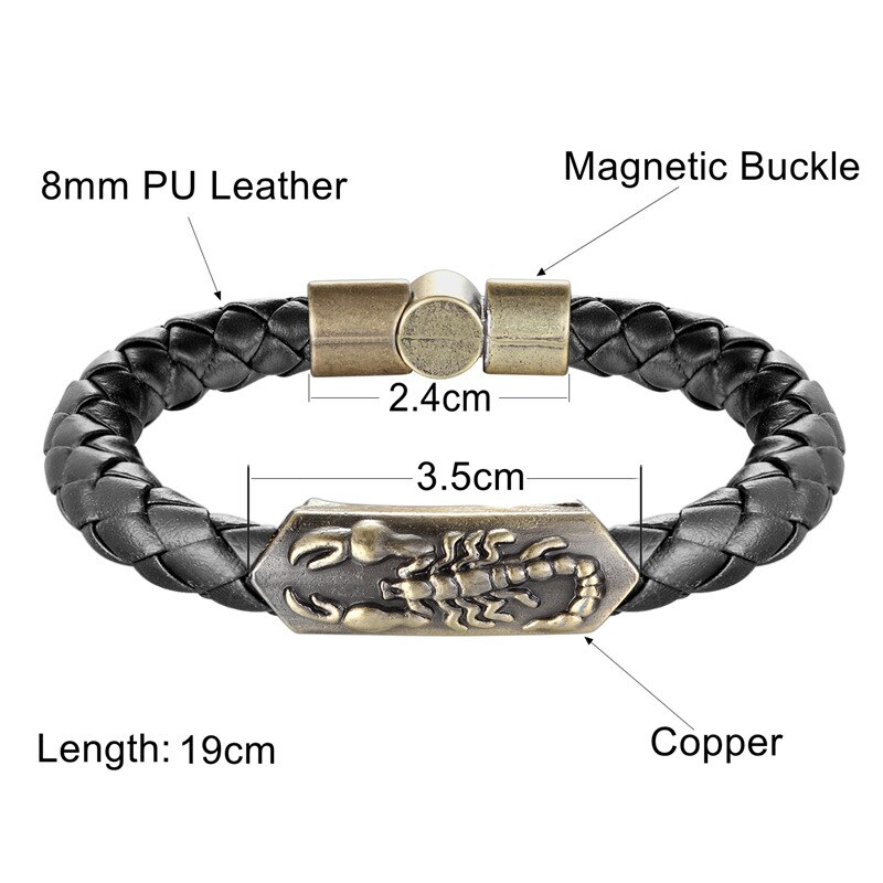 Punk Animal Bracelets Bronze Scorpion Pattern Black Brown Leather Cuff Bangles for Men Women Magnetic Buckle Bracelet Jewelry