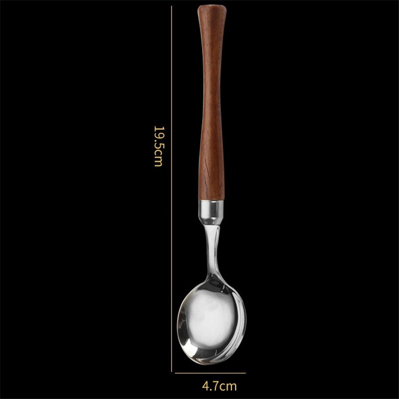 1 Pc Houten Handvat Roestvrij Staal Bestek Westerse Servies Servies Lepels Theelepels Vork Messen Thuis Keukengerei: Silver Round Spoon