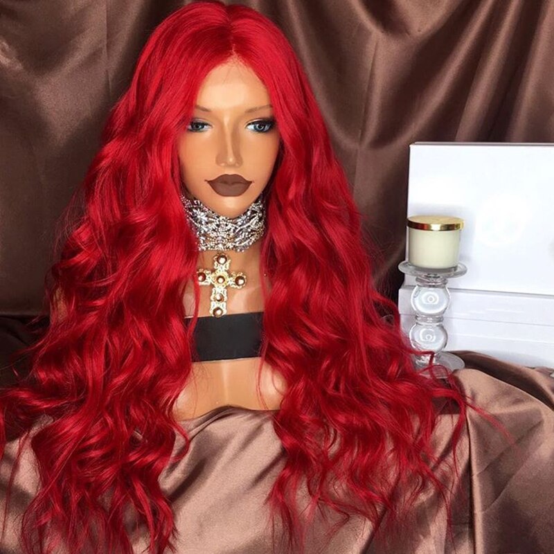 DLME Red Wavy Wig For Black Women Heat Resistant Hair Long Red Synthetic Lace Front Wigs Natrual Looking