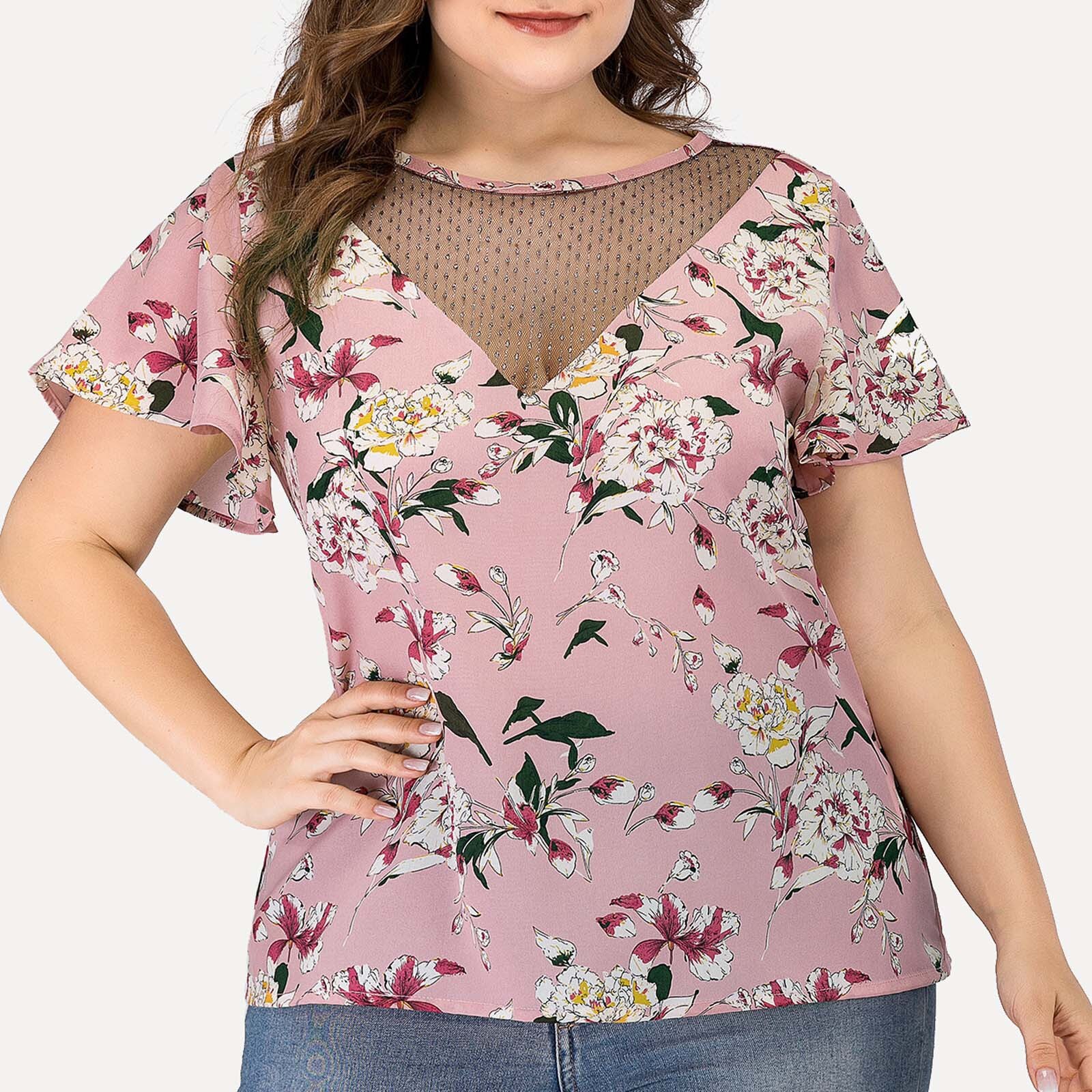 4# Women Plus Size Blouses Patchwork Flora Printed Print Lace Patchwork Shirts V-neck Short Sleeved Shirt Tops White Shirt Tops