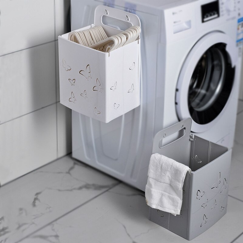 Plastic Collapsible Hanging Laundry Hamper with Handle Foldable Wall Mount Basket Hollow Out Butterfly Dirty Clothes Bin
