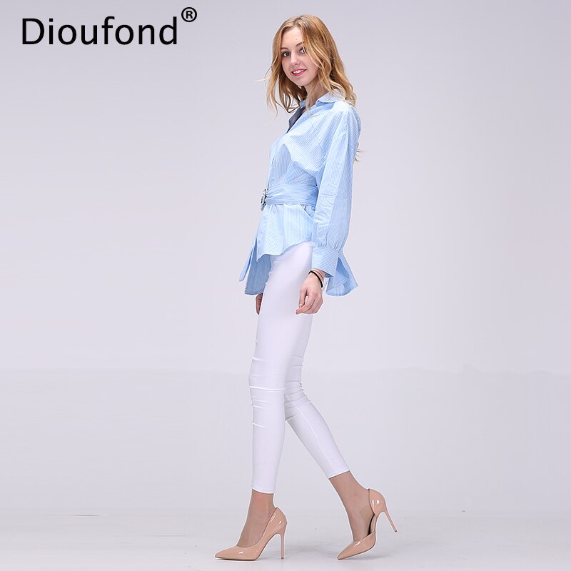 Dioufond Été Nouvelle Dame Coton Chemisier À Manches Longues Écharpes Femme Rayé Bleu Irrégulier Chemisier décontracté Streetwear haut pour femme