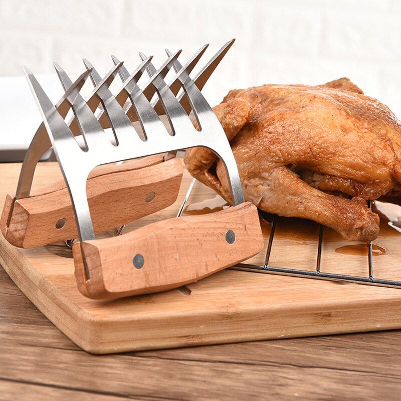 Wooden Handle Stainless Steel Bear Claw Tearing Chicken Meat Separator Six Teeth Picnic Meat Cutting Multifunction Tool