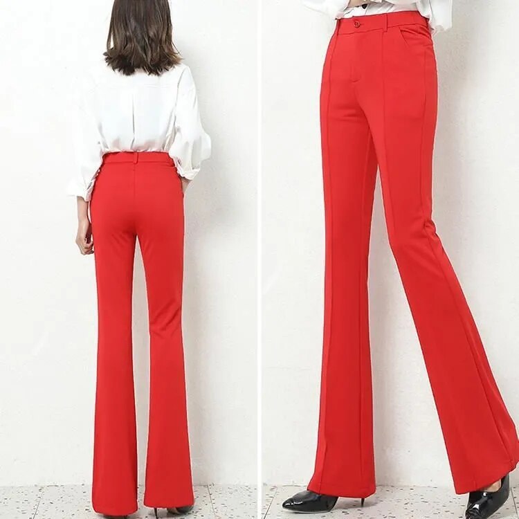 Pantalon évasé à haute élasticité, grande taille 3XL, décontracté, droit, pour femme, costume de travail, coréen, ample, pour maman, printemps été: red / L 52-60kg