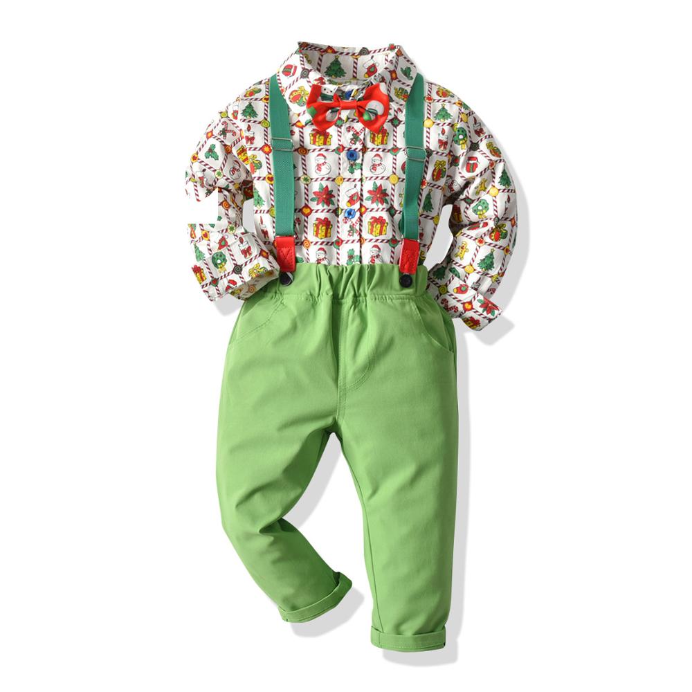 Spædbarn drenge sæt langærmet juletryk skjorte med butterfly + seler bukser drenge toddler gentleman tøj sæt