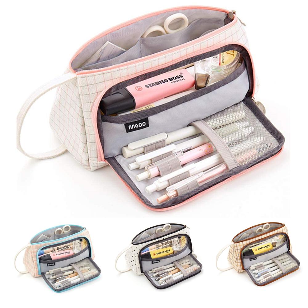 Angoo Special Grid Pen Pencil Case, Multi Slot Plaid Storage Bag, Big Organizer for Students Art Tool Kits