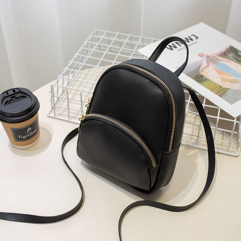 Bolsa de ombro de couro feminino para meninas adolescentes crianças multi-função pequeno bagpack feminino senhoras mochila escolar: Black