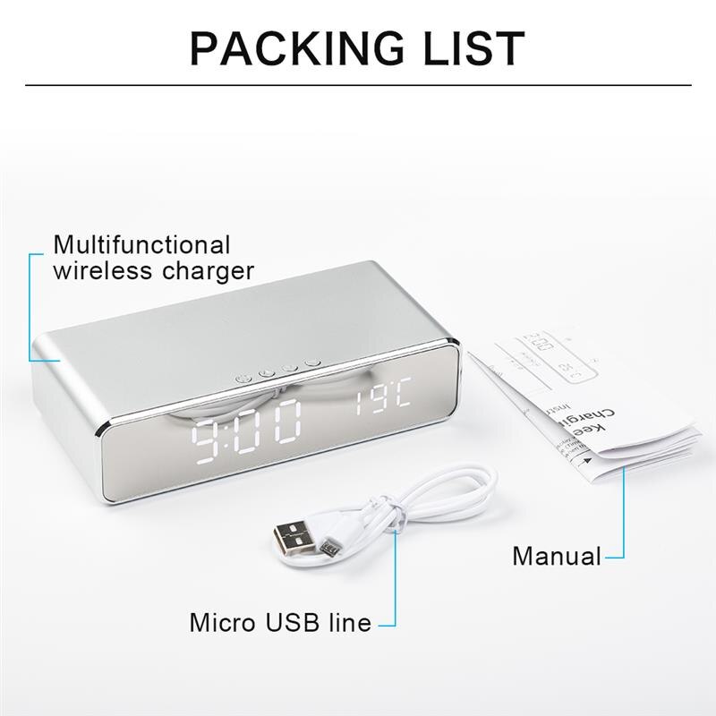 LED Electric Alarm Clock With Phone Charger Wireless Desktop Digital Thermometer Clock HD Clock Mirror With Time Memory