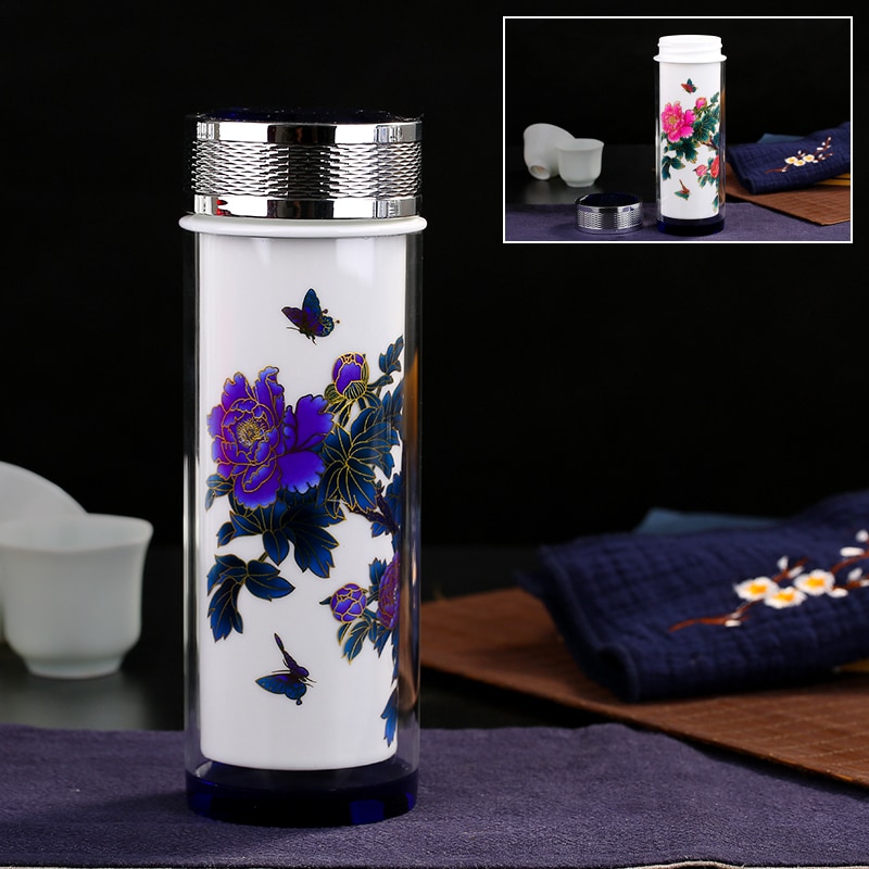 Vintage kinesisk färgförändring glaskeramik termos retro blå vit porslin termos termokopp vakuumkolv tekopp