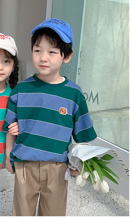 Kids summer striped cotton T shirts Boys and girls Tiger head embroidery Tees Children short sleeve Tops: blue / 3T