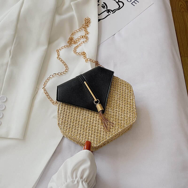 esagono Mulit Stile di Paglia + Borsa di cuoio Delle Donne di proprietà del Sacchetto Del Rattan Fatti A Mano Da Spiaggia Tessuto Cerchio Sacchetto di Spalla della Boemia di Nuovo Modo: nero