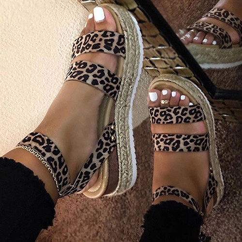 sandalias de mujer gladiador femenino leopardo cuñas mujer tobillo Correa hebilla zapatos mujer playa Casual calzado talla grande: 8,5