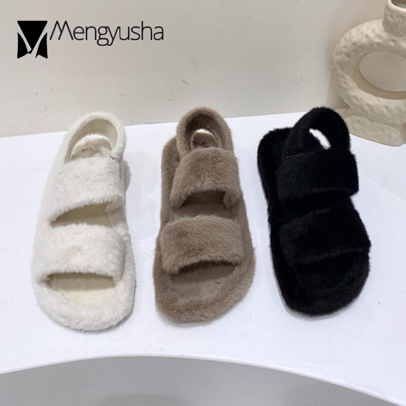 Vinter mink pels sandaler kvinner elastisk stropp gladiator sandaler bomullssko studenter flipflops kvinne dobbeltbånd lodne sandalier