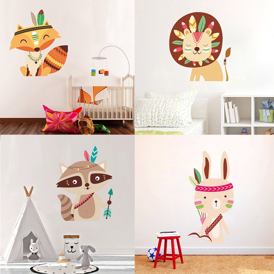 Chasse Tribal bois raton laveur chat mur décalcomanie chambre décor lapin ours autocollants pour pépinière enfants chambre maison murale