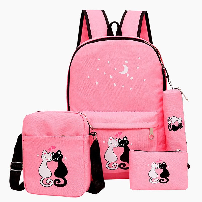 4 pçs/set mochila feminina lona gato padrão saco de escola para meninas portátil mochila feminina bolsa de ombro bagpack sac a dos