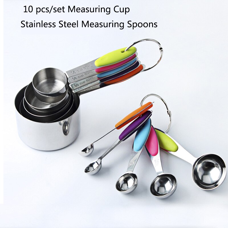 5/10 pcs/set Maatbeker Set 430 Roestvrij Staal Meten Lepel Met Siliconen Handvat Opvouwbare Cake Bakken Meetinstrument