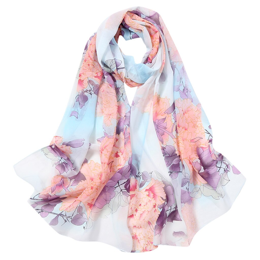Women Silk Scarf Flower Printing Scarves Long Soft Wrap Simulation Silk Shawl Ladies Beach Scarf Shawl Bandana: Light Blue
