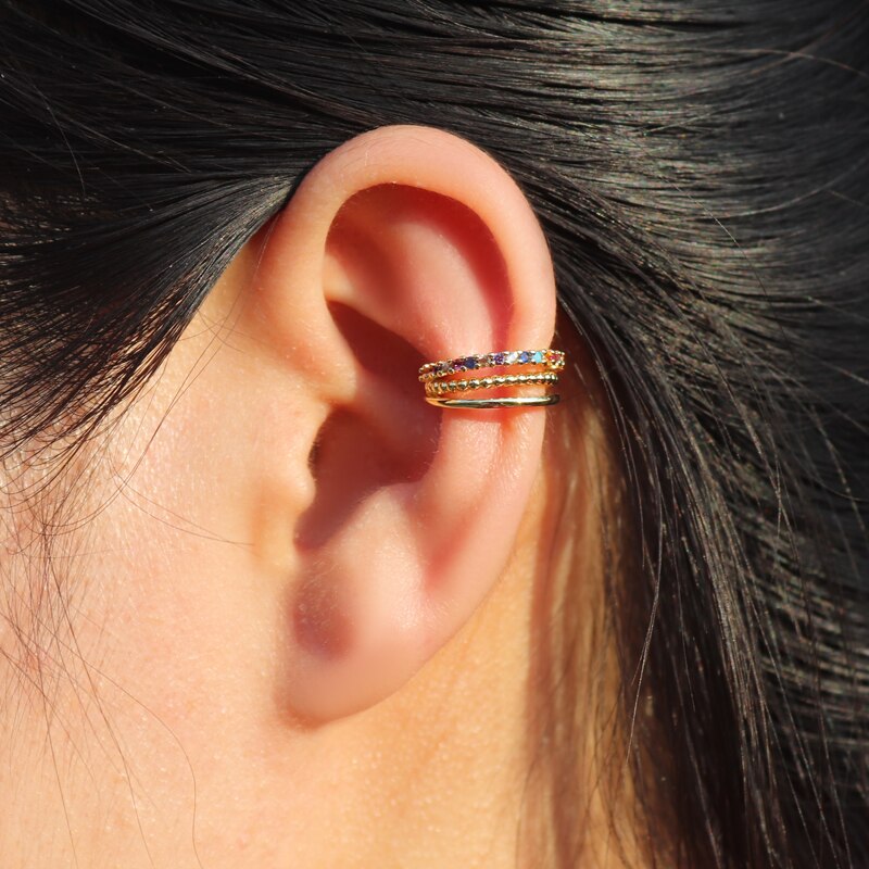 Juego de pendientes de arcoíris para mujer, aretes de oro, pendientes apilables de cartílago, joyería Punk sin perforaciones