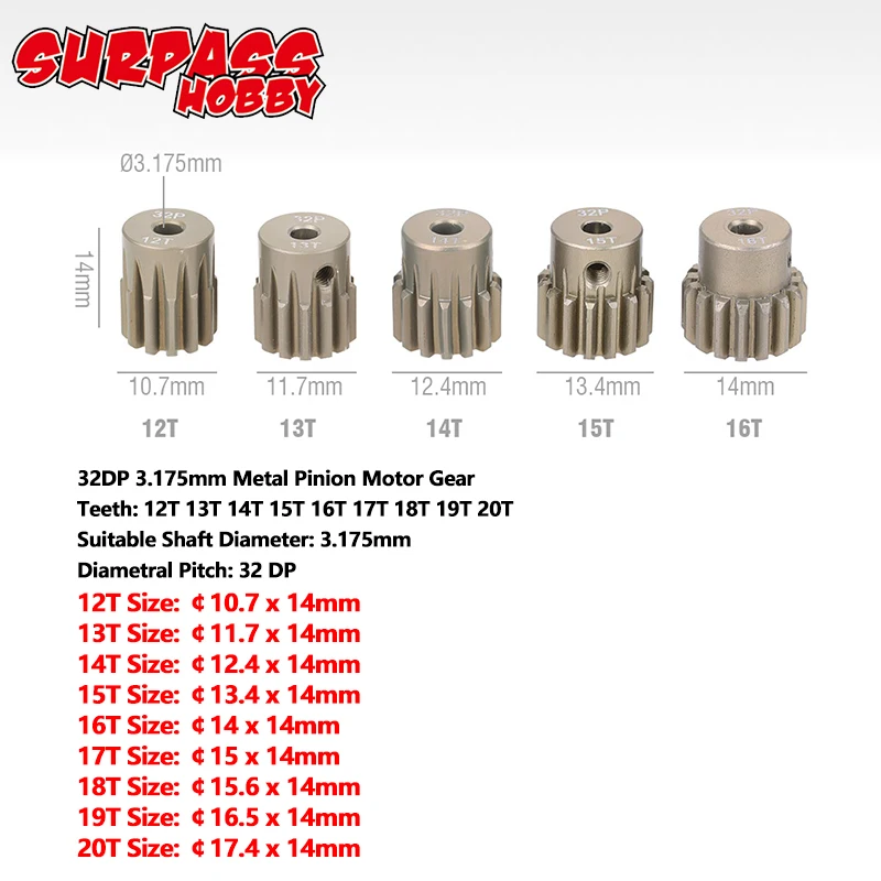 SURPASS HOBBY 5PCS 32DP 48DP 64DP M0.6 M0.8 Motor Gear Metal Pinion 12T-50T for 1/10 1/12 RC Car 3.175mm Shaft Motor 540 3650