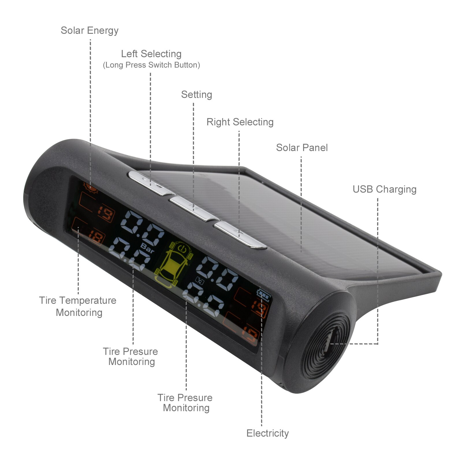 4 External Sensors USB Solar Charging Car TPMS Tire Pressure Monitoring System HD Digital LCD Display Auto Alarm tool Wireless