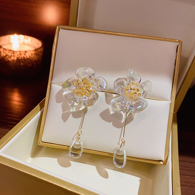 Korean Acrylic Flower Earrings For Women Long Tassel Transparent Crystal Earring Jewelry Wedding