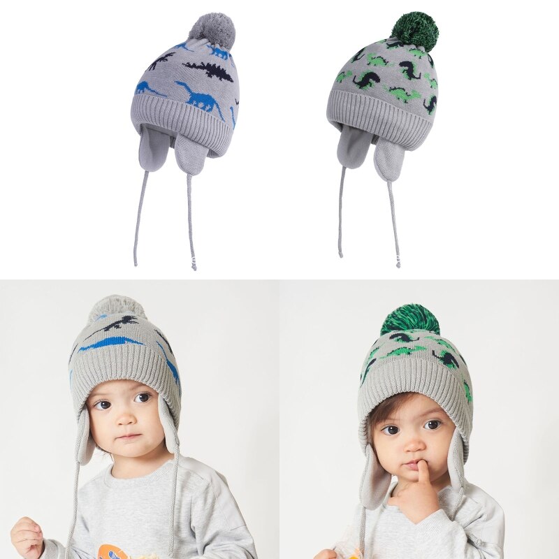 Toddler Baby Boys Cartoon Dinosaur Jacquard Beanie Warm Knitted Hat Earflap L4MC