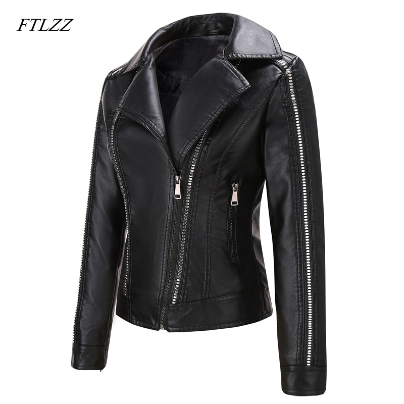 FTLZZ Neue Frauen Punk Stil Niet Zipper Kurze Faux Leder Jacke Streetwear Moto Biker Drehen Unten Kragen Weibliche Pu Mantel outwear