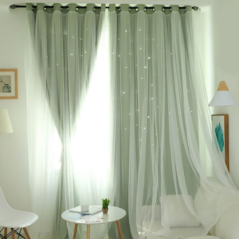 Two-layer curtains double-layer blackout curtains home living room window bedroom balcony floor-to-ceiling window decoration: Green