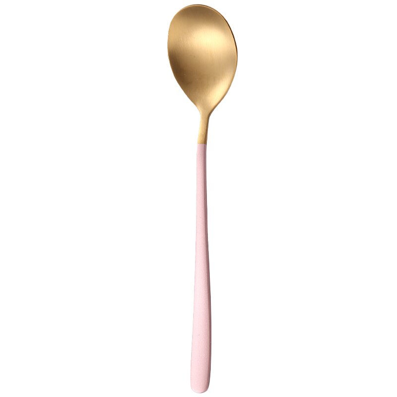 Stainless Steel rainbow Long Handled coffee spoons mixing spoons set cold drink fruit Ice Cream Dessert Tea Spoon Drinking Tools: Pink gold