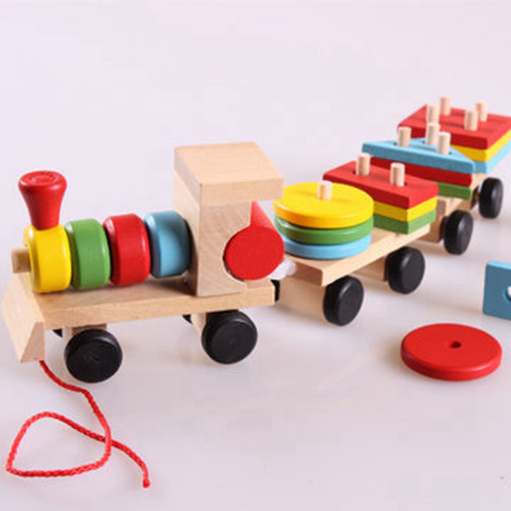 Peuter Baby Houten Stapelen Trein Blok Speelgoed Fun Voertuig Blok Board Game Toy Houten Educatief Speelgoed Voor Kinderen