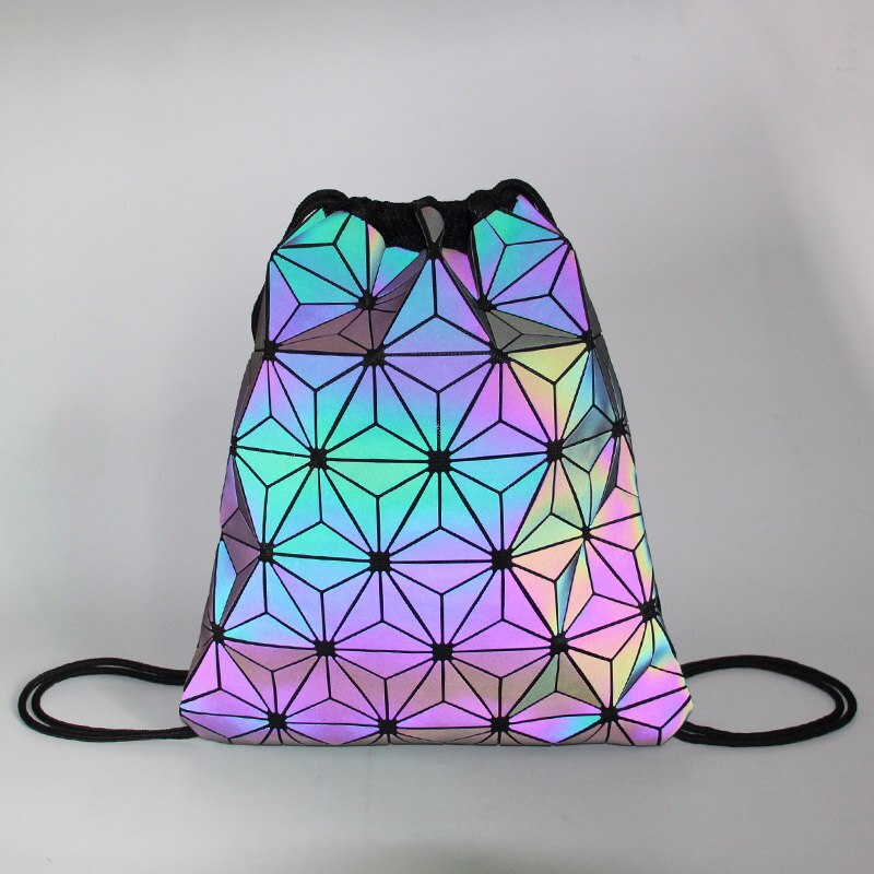 Vrouwen Koord Rugzakken Holografische Bagpack Vrouwelijke Lichtgevende Geometrische Rugzak Voor Tienermeisjes Schooltas Strand Bao Zak