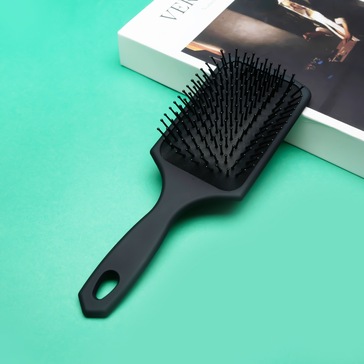 Cepillo de paleta para desenredar ligero con cojín de aire, masaje de cabello largo y grueso y rápido, reduce la tensión en el cabello: Negro