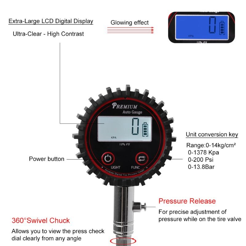 Lcd-skærm digitalt dæk lufttryksmåler 200 psi barometer overvågningsværktøjstest til høj motorcykel cykel