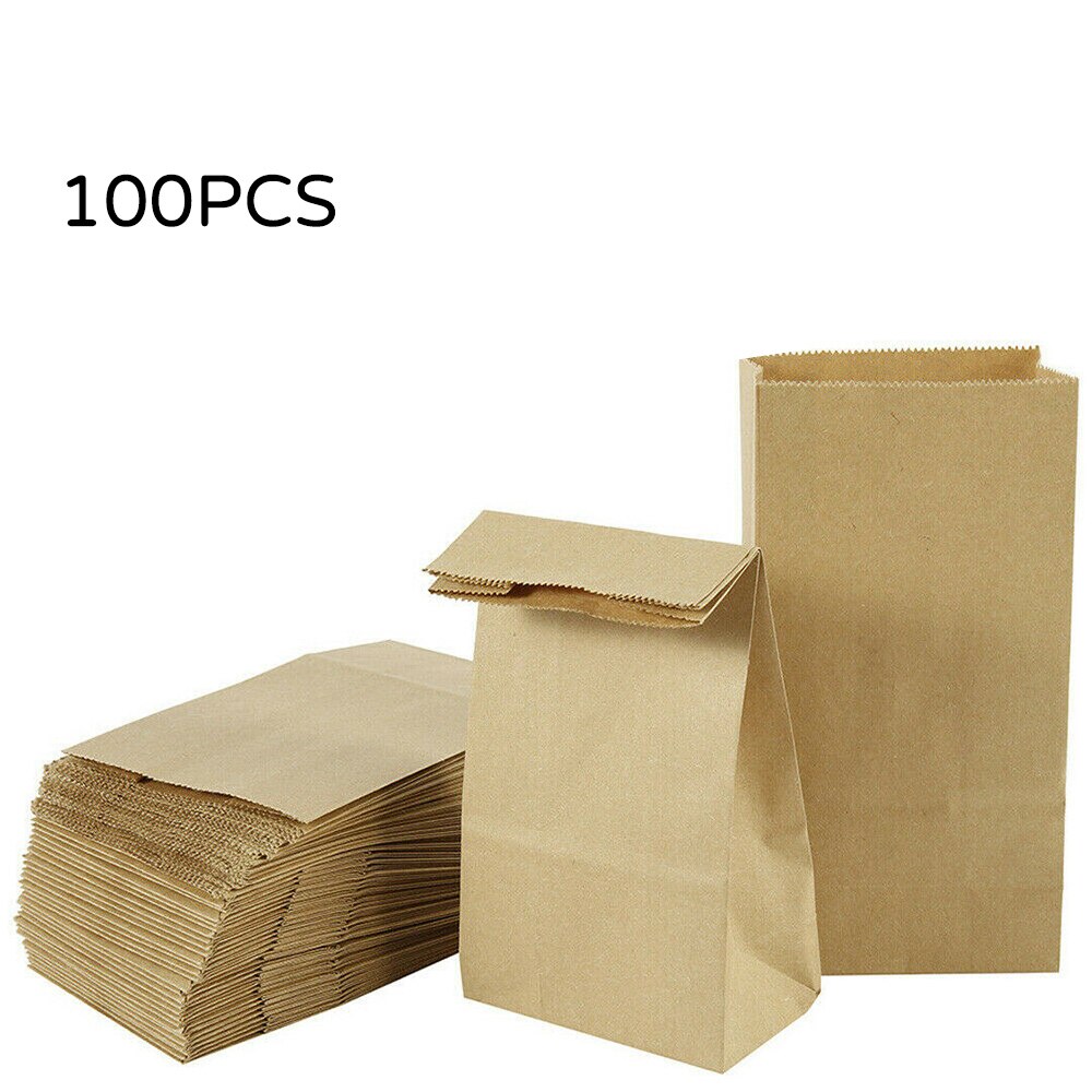 100Pcs Brown Kraft Paper Lunch Food Carrier Bags Takeaway With Flat Handles Disposable Environmentally Packaging Paper Bags