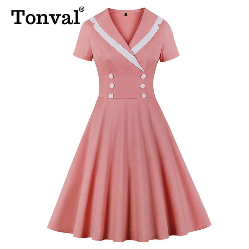 Tonval retro-hak krave knap foran rød vintage a-line kjole kvinder bomuld sommer kontor dame swing kjoler