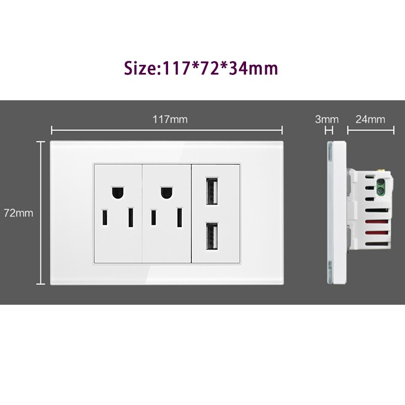 Wall plug socket US standard tempered glass panel 5V USB 2-port fast charging household AC110V 250V 15A power plug