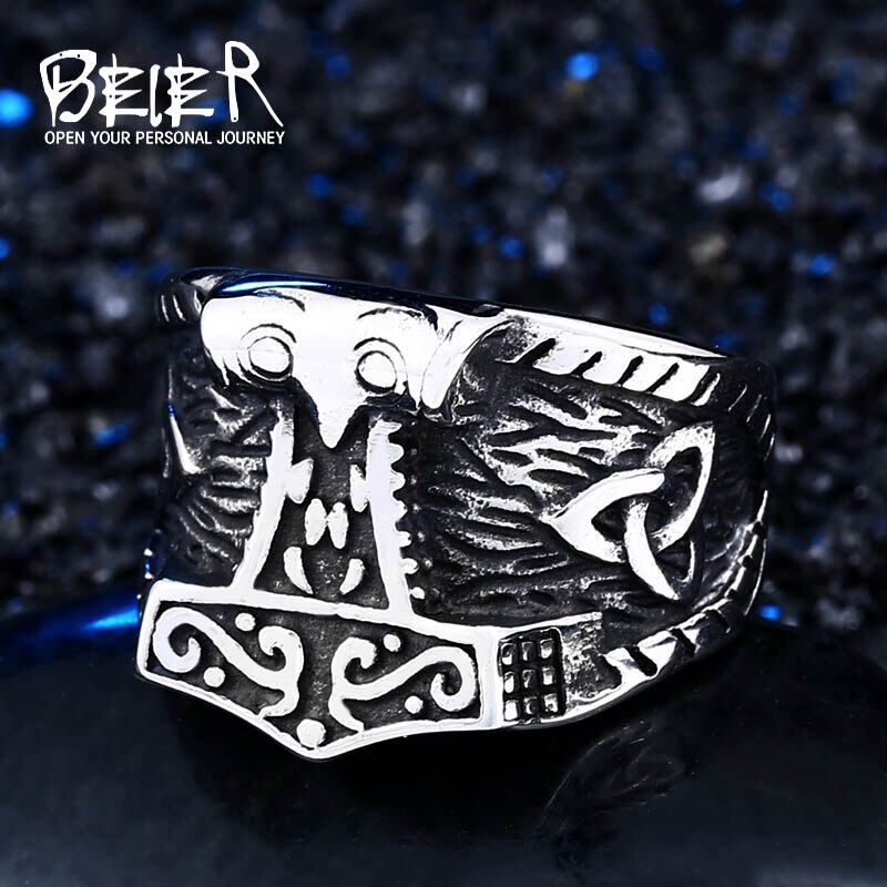 Beier 316L Stainless Steel Nordic Pagan Triskele Helm of Awe Aegishjalmur Futhark Viking Magic Stave Runic Amulet Ring LR563